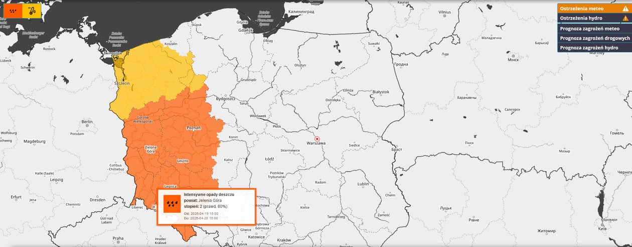 Jelenia Góra: Będzie mocno padać, ostrzeżenie dla naszego regionu