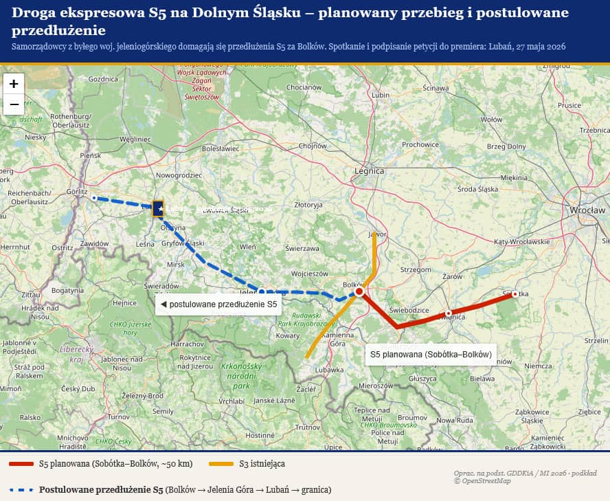 Dolny Śląsk: Chcą przedłużenia drogi S5 z Bolkowa, przez Jelenią Górę do granicy w Zgorzelcu