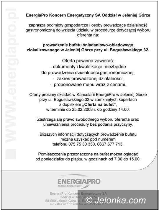 JELENIA GÓRA: Energia Pro przyjmuje oferty na prowadzenie bufetu