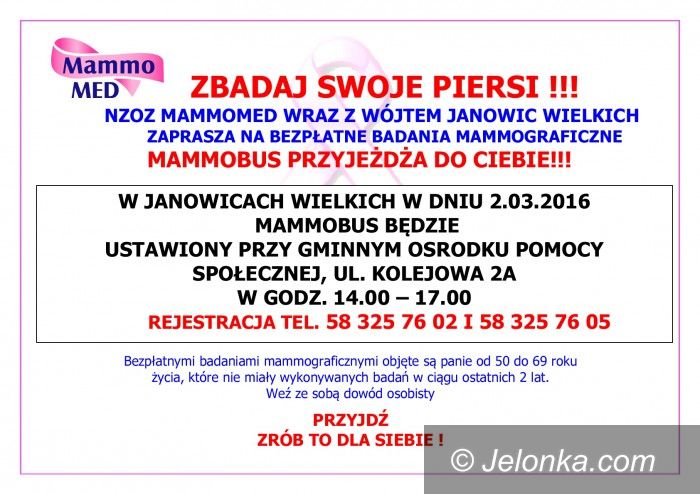 Janowice Wielkie: Bezpłatna mammografia w Janowicach Wielkich