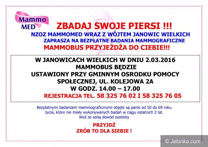 Janowice Wielkie: Bezpłatna mammografia w Janowicach Wielkich