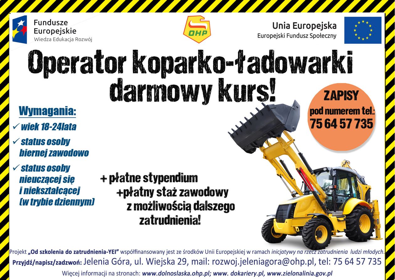 Jelenia Góra: Bezpłatny kurs operatora koparki–ładowarki
