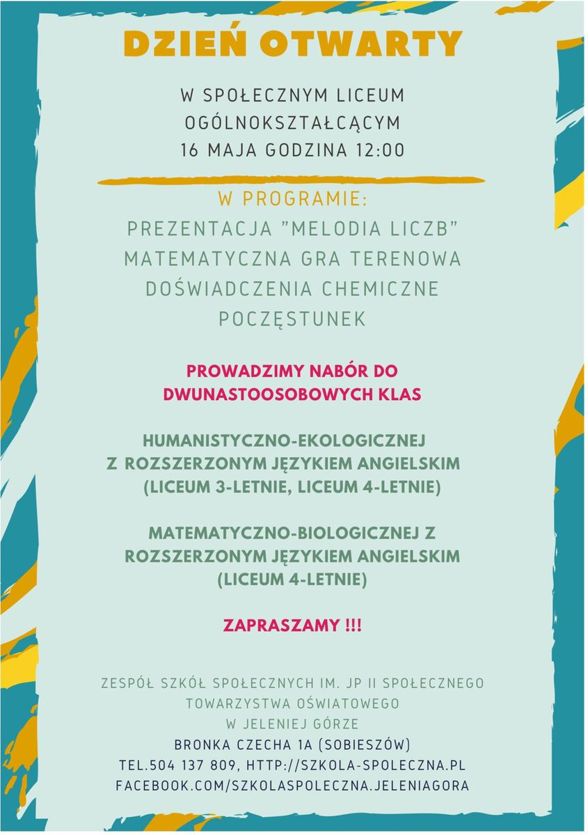 Jelenia Góra: Dzień otwarty w Liceum Społecznym STO – 16 maja (czwartek)