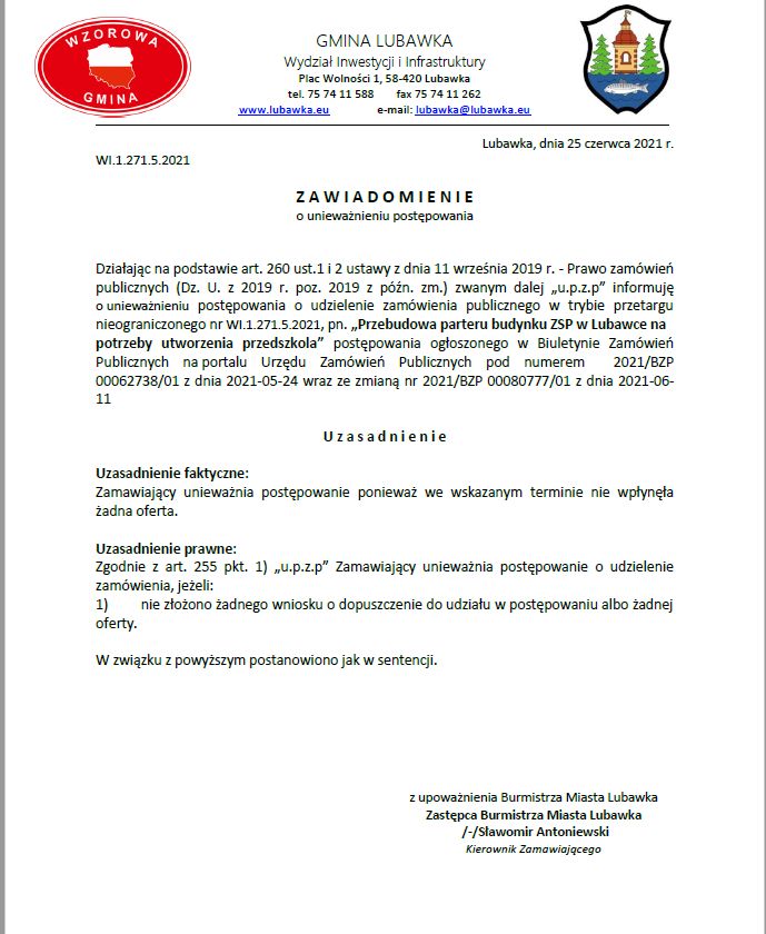Lubawka: Przetarg unieważniony