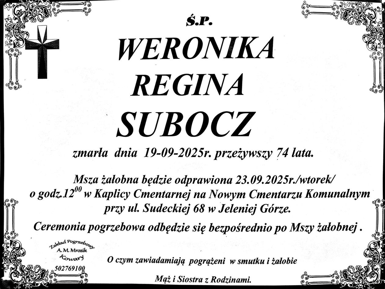Jelenia Góra: Zmarła Weronika Regina Subocz