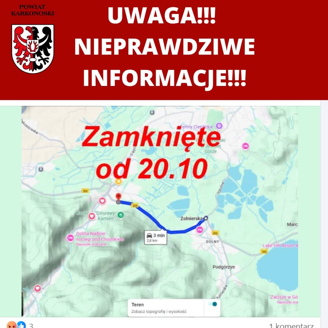 Powiat karkonoski: Fake newsy o zamknięciu drogi