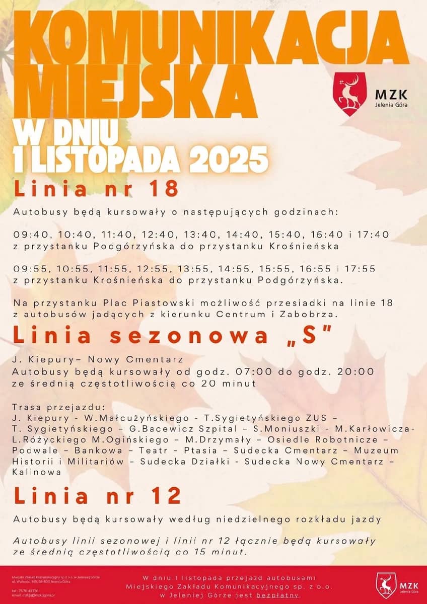 Jelenia Góra: Wszystkich Świętych – darmowa komunikacja miejska