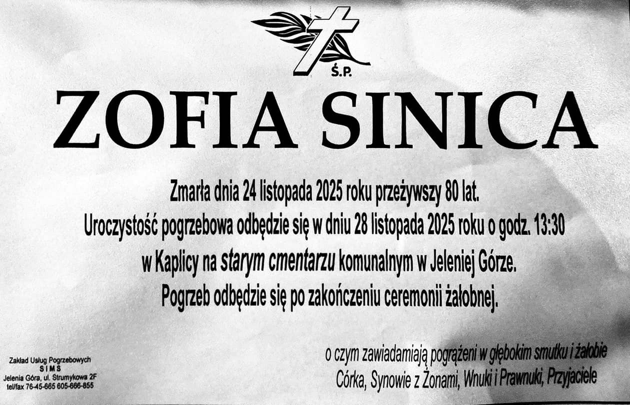 Jelenia Góra: Zmarła Zofia Sinica