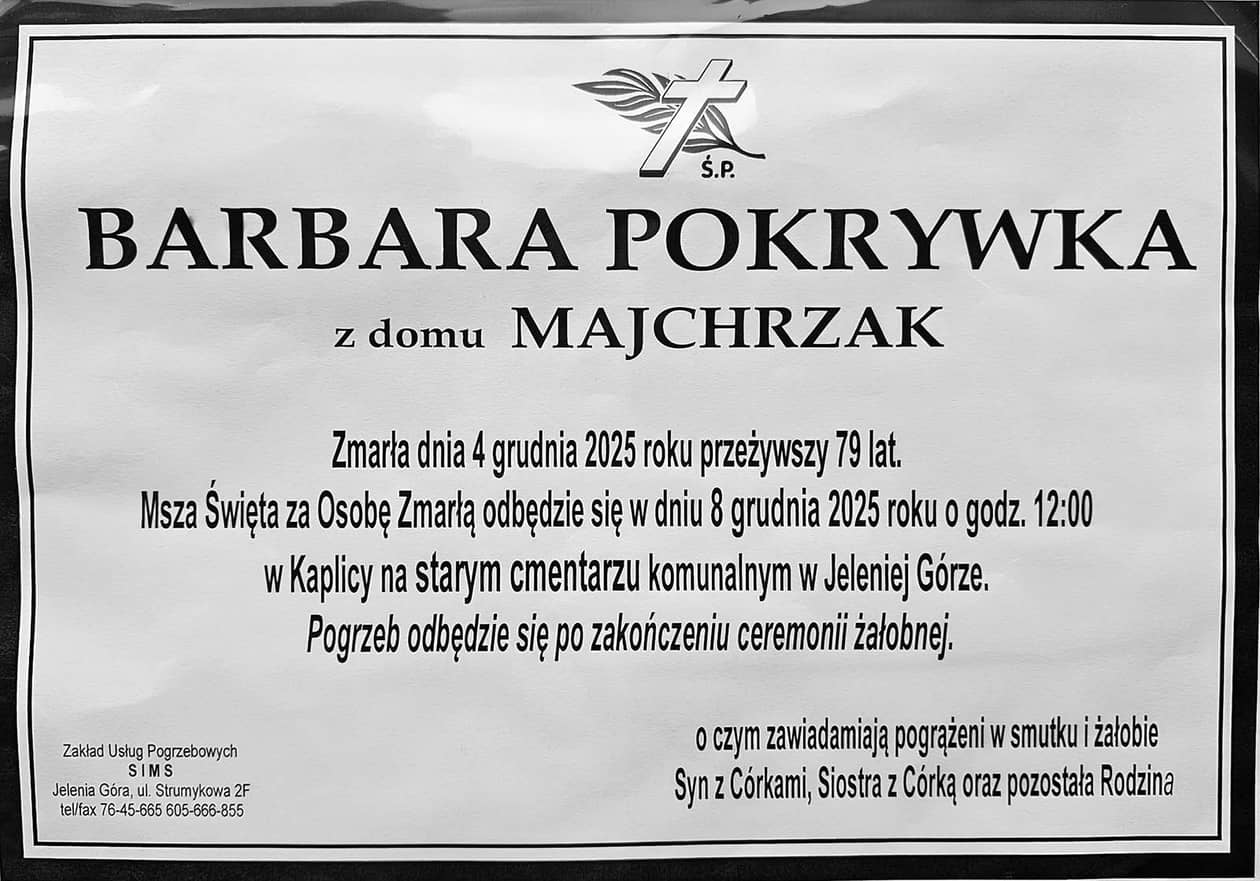 Jelenia Góra: Zmarła Barbara Pokrywka z domu Majchrzak