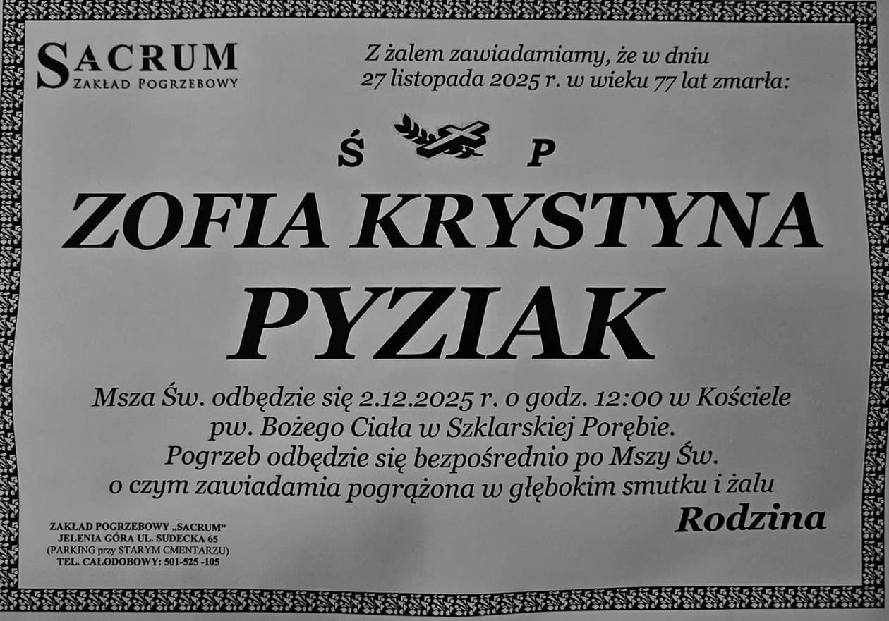Jelenia Góra: Zmarła Zofia Krystyna Pyziak