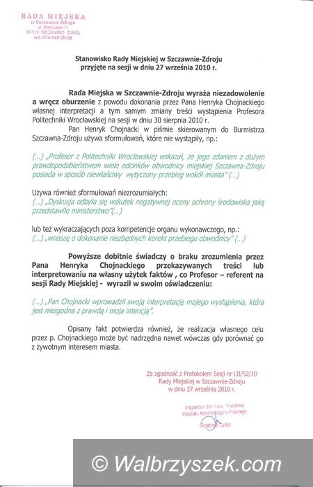 REGION, Szczawno-Zdrój: Stanowisko Rady Miejskiej Szczawna–Zdroju