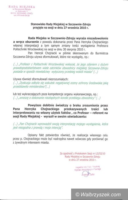 REGION, Szczawno-Zdrój: Stanowisko Rady Miejskiej Szczawna–Zdroju