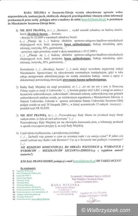 REGION, Szczawno-Zdrój: Zbulwersowani radni odpierają zarzuty