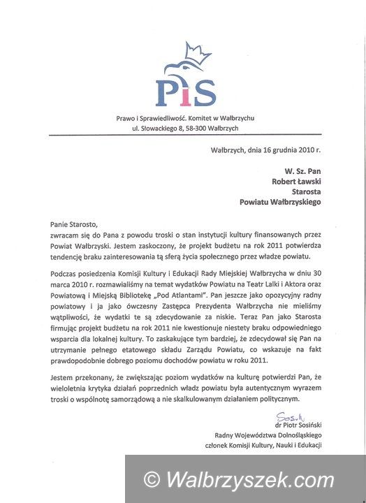 Wałbrzych: Sosiński pisze do Ławskiego