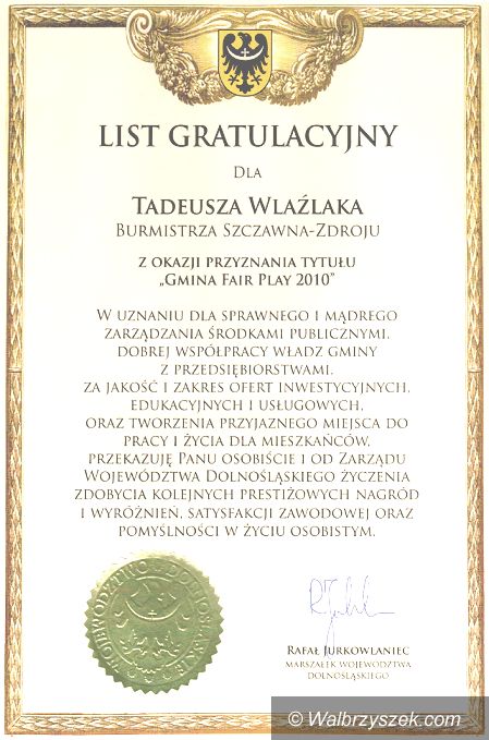 REGION, Szczawno-Zdrój: Szczawno–Zdrój uznane za gminę fair–play