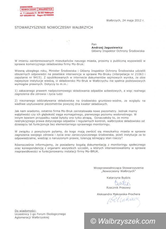 Wałbrzych: Nowoczesny Wałbrzych składa pismo w sprawie składowiska Mo–Bruk