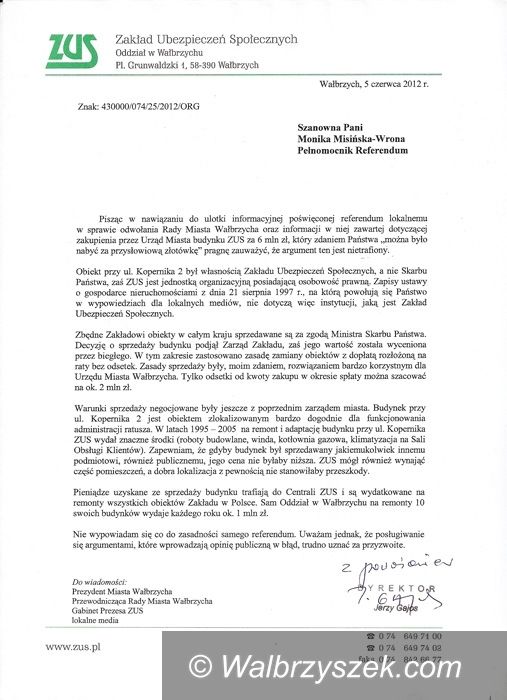 Wałbrzych: ZUS odpowiada inicjatorom referendum