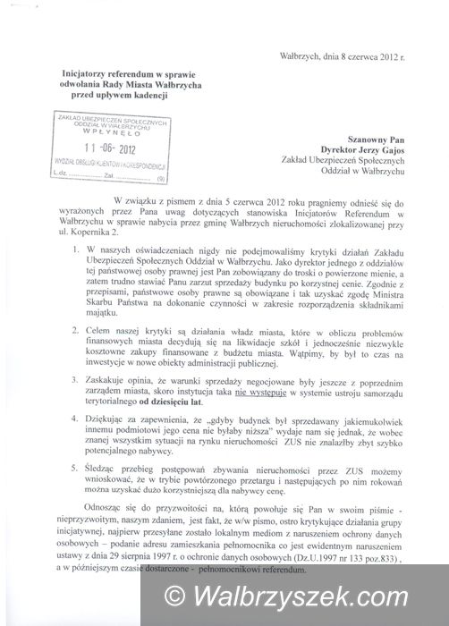 Wałbrzych: Inicjatorzy referendum piszą do ZUS–u