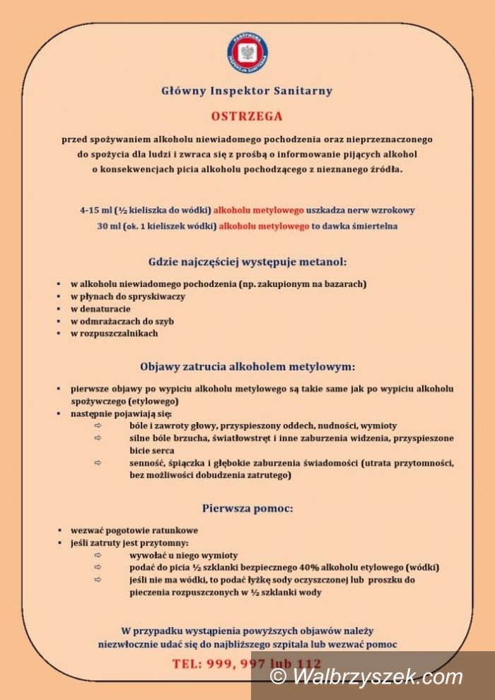 Kraj: Ostrzeżenie przed metanolem