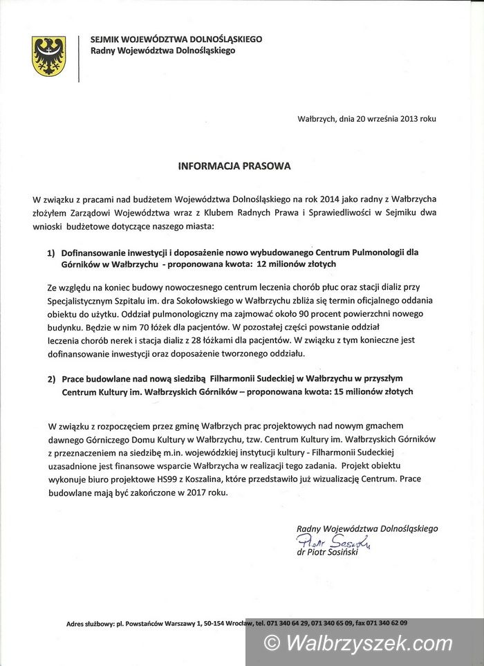 Wałbrzych: Piotr Sosiński próbuje walczyć o środki dla Wałbrzycha