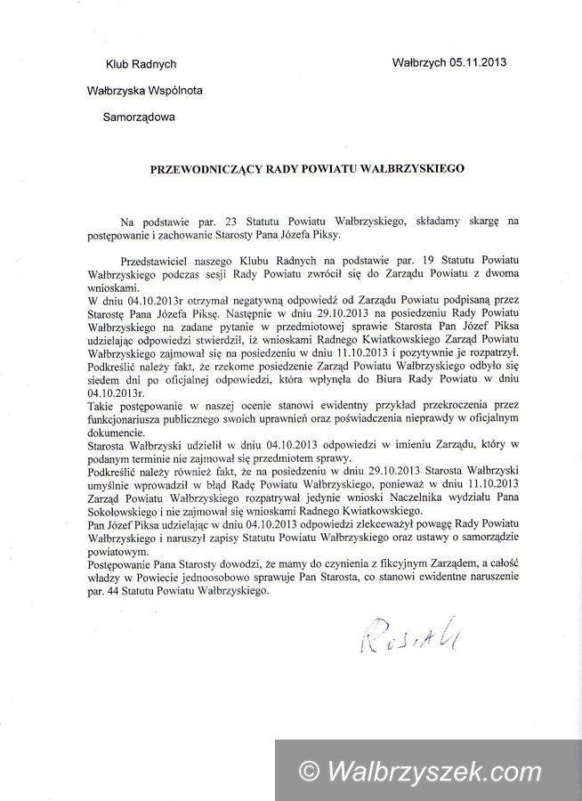 powiat wałbrzyski: WWS oskarża starostę Józefa Piksę o naruszenie statutu