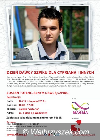 Wałbrzych: Dzień Dawcy Szpiku dla Cypriana i Innych