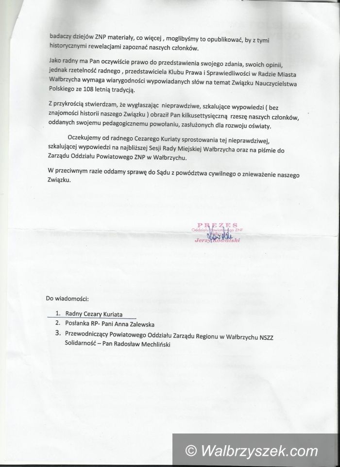 Wałbrzych: Radny Kuriata kontra ZNP