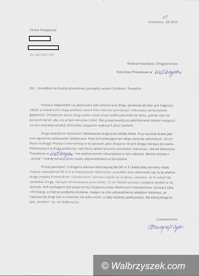 powiat wałbrzyski: Mieszkańcy interweniują w sprawie fatalnego stanu drogi między Gostkowem a Pustelnikiem