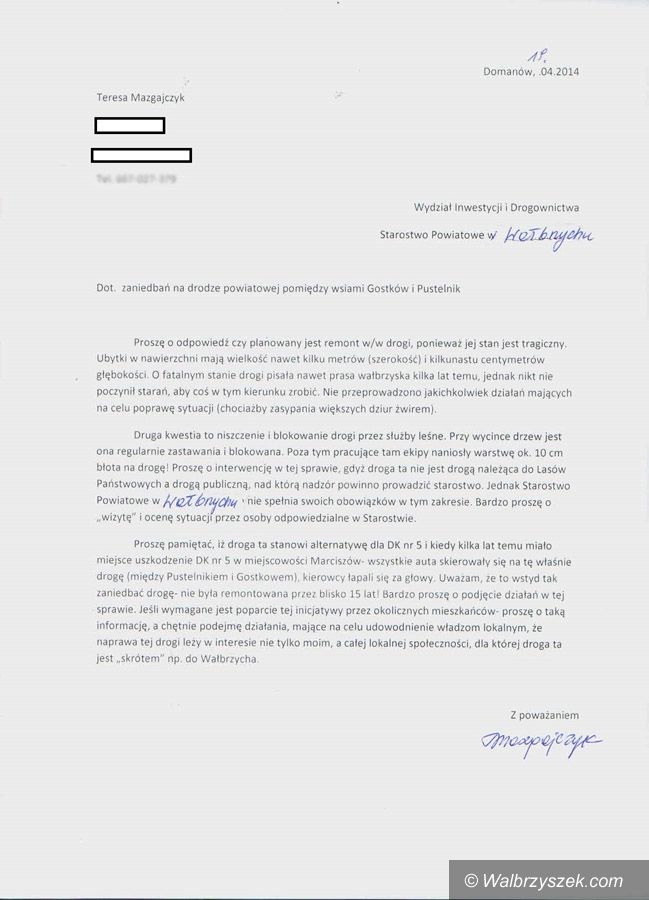 powiat wałbrzyski: Mieszkańcy interweniują w sprawie fatalnego stanu drogi między Gostkowem a Pustelnikiem