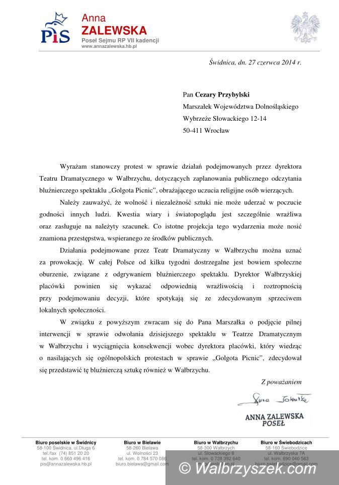 Wałbrzych: Posłanka Zalewska oraz PiS sprzeciwiają się publicznemu odczytaniu spektaklu „Golgota Picnic”