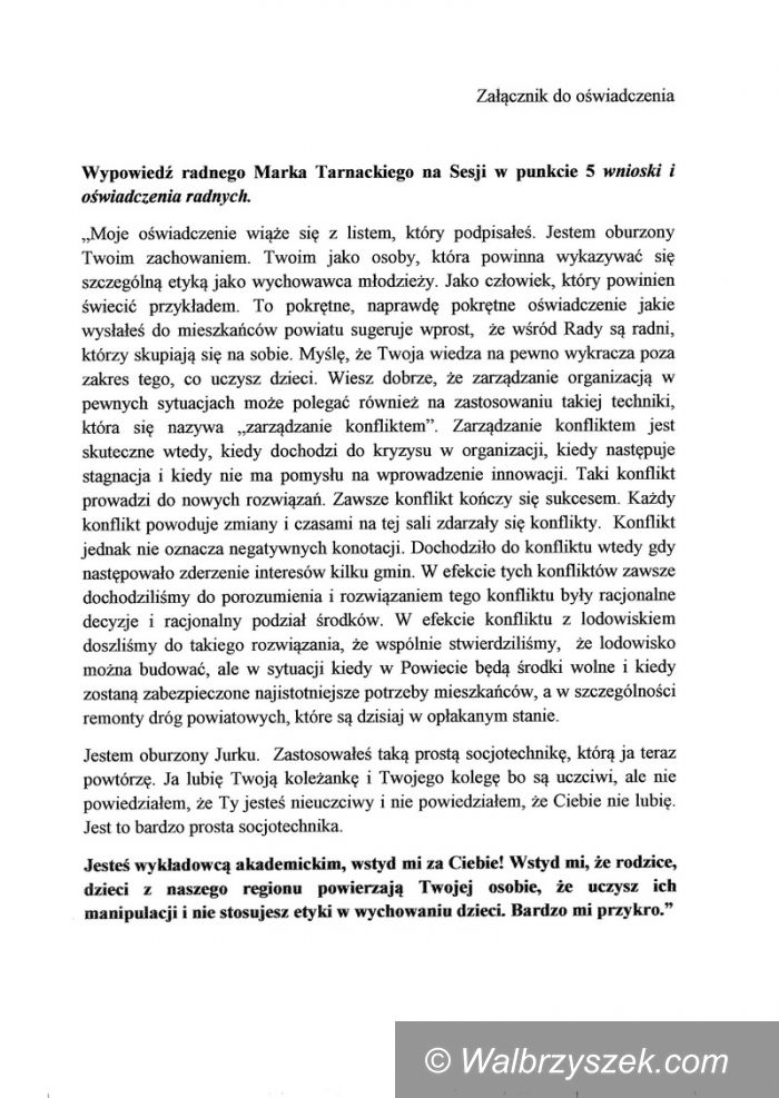 powiat wałbrzyski: Przewodniczący Detyna domaga się przeprosin