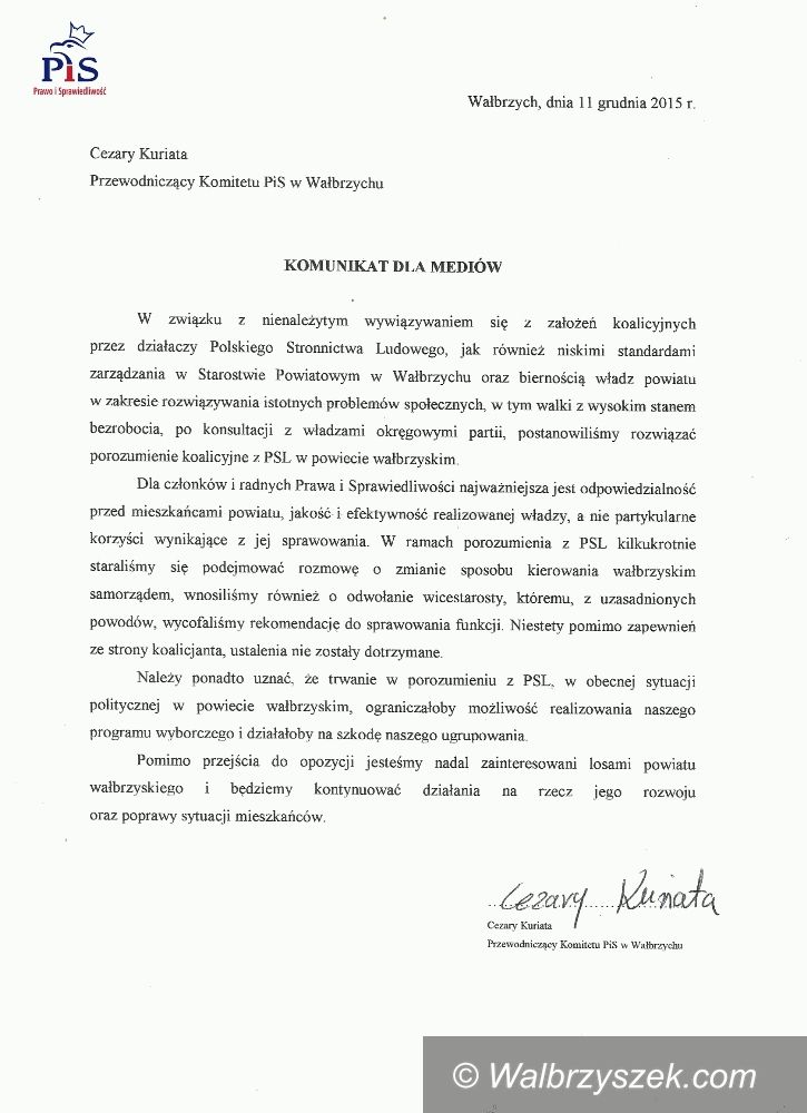 powiat wałbrzyski: Koniec koalicji PiS–PSL w powiecie
