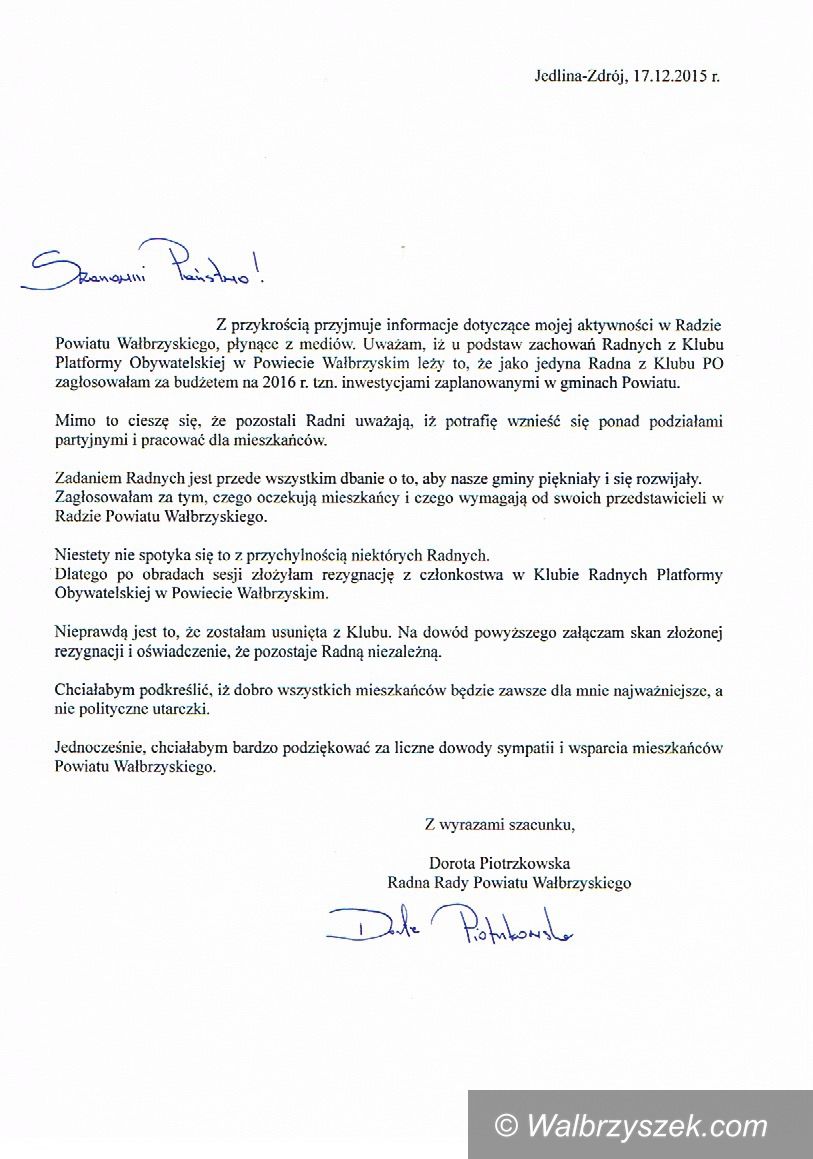 powiat wałbrzyski: Radna Piotrzkowska wydała oświadczenia