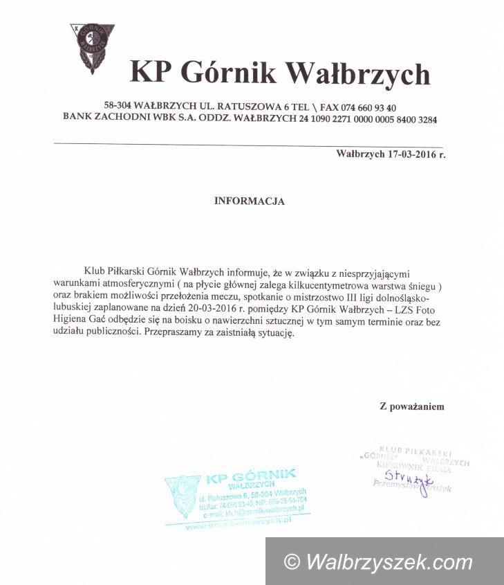 Wałbrzych: Górnik zagra bez udziału publiczności