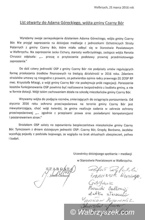 REGION, Czarny Bór: List otwarty starosty i strażaków OSP do wójta Czarnego Boru