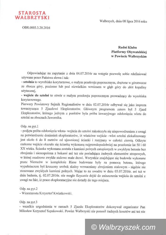 powiat wałbrzyski: Starosta odpowiada opozycyjnym radnym