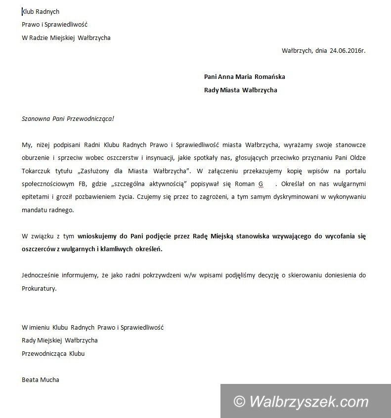 Wałbrzych: Radni PiS–u boją się o swoje bezpieczeństwo