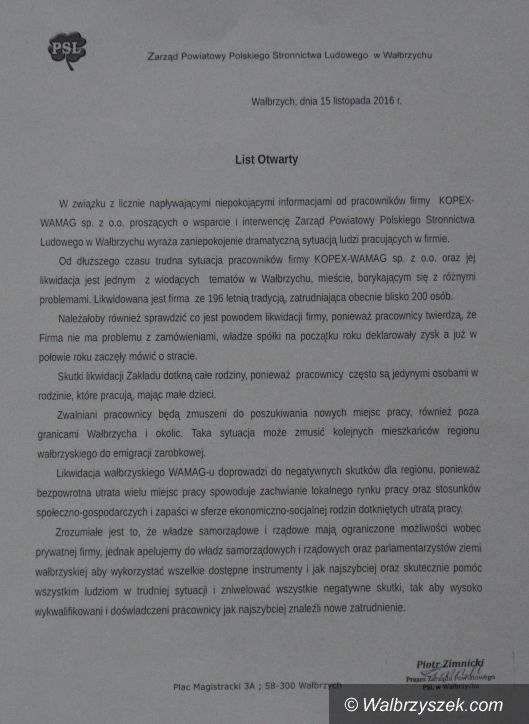 Wałbrzych: PSL interweniuje w sprawie WAMAG–u