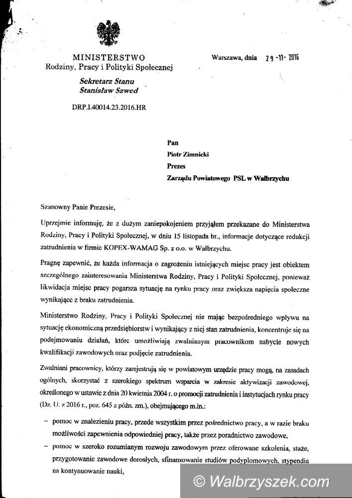 Wałbrzych: Ministerstwo Rodziny, Pracy i Polityki Społecznej odnosi się do sprawy zwolnień w WAMAG–u