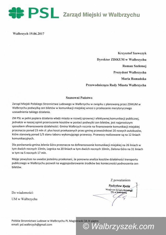 Wałbrzych: PSL pyta o zasadność wzrostu cen biletów komunikacji miejskiej