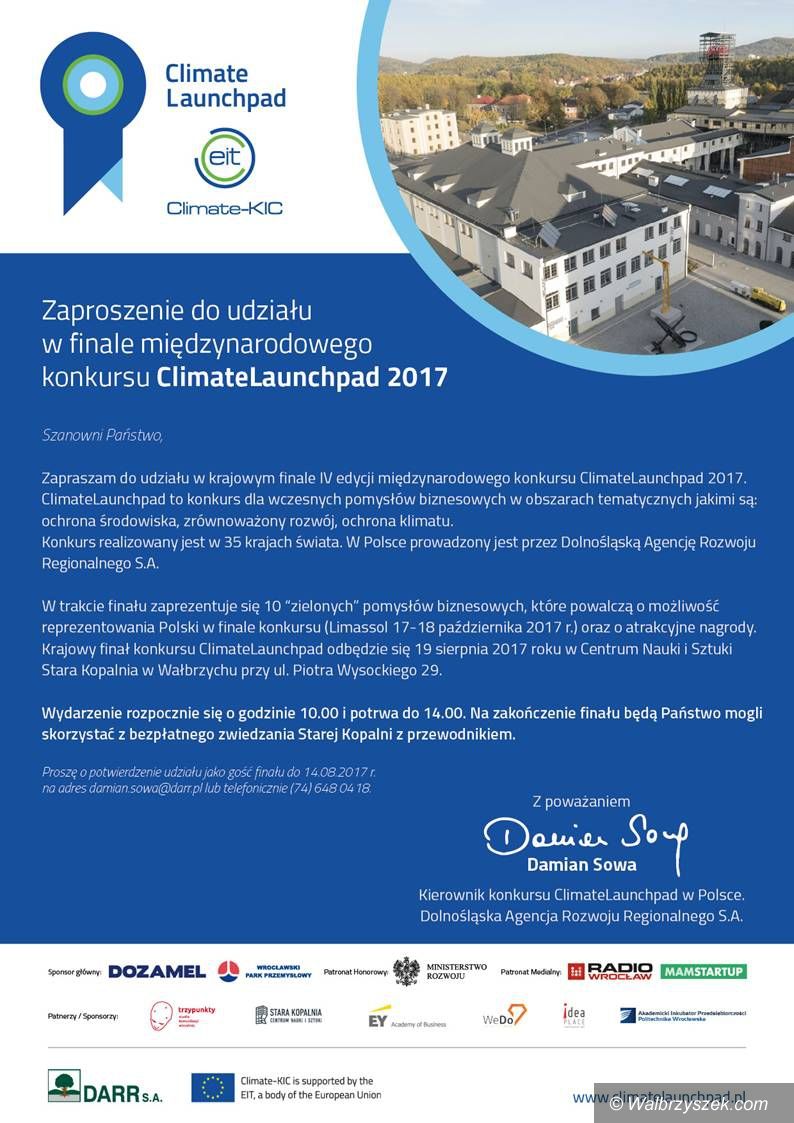 Wałbrzych: Krajowy Finał Konkursu ClimateLaunchpad 2017 odbędzie się w Wałbrzychu