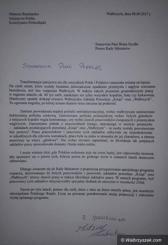 Wałbrzych: Inicjatywa Polska pisze do premier Beaty Szydło w sprawie pracowników wałbrzyskich zakładów porcelany