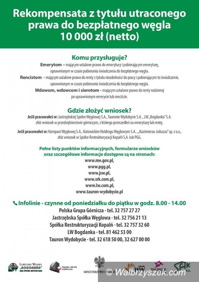 Wałbrzych/REGION: Można składać wnioski o rekompensatę z tytułu utraty prawa do bezpłatnego węgla