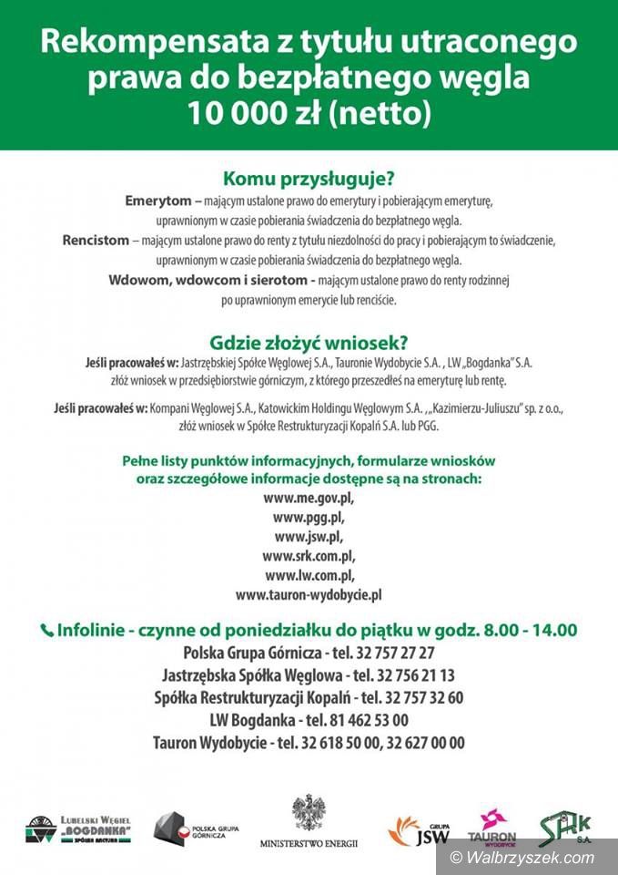 Wałbrzych/REGION: Można składać wnioski o rekompensatę z tytułu utraty prawa do bezpłatnego węgla