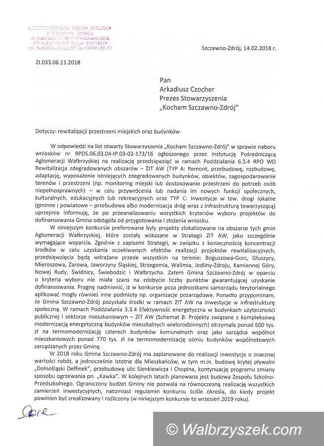 REGION, Szczawno-Zdrój: Burmistrz Marek Fedoruk odpowiada na pismo Stowarzyszenia Kocham Szczawno–Zdrój