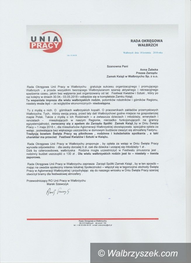 Wałbrzych: Unia Pracy chce w szczególny sposób uczcić święto ludzi pracy