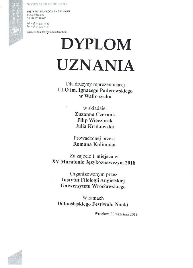 Wałbrzych: Uczniowie I LO im. I.Paderewskiego w Wałbrzychu kończą rok 2018 ze sporymi sukcesami językowymi