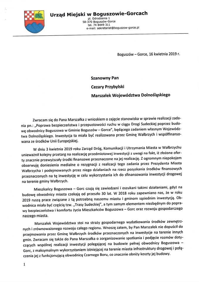 REGION, Boguszów-Gorce: Samorządowcy z Boguszowa–Gorc zaniepokojeni doniesieniami o zaniechaniu budowy obwodnicy miasta