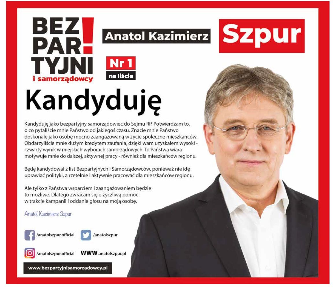 Wałbrzych/REGION: Anatol Szpur jedynką Bezpartyjnych i Samorządowców