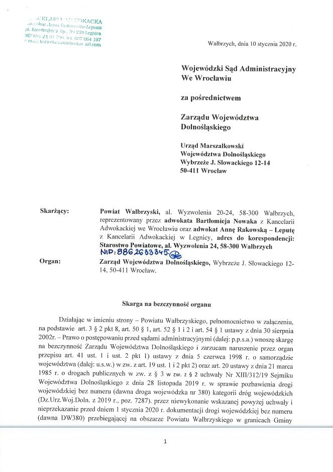 powiat wałbrzyski: Starosta wystąpił ze skargą